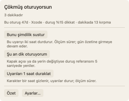 İmleci karakterin üzerine getirince açılan panel: Çökmüş oturuyorsun, 3 dakikadır başlığı, bu oturuşun satırı ve Bunu şimdilik sustur düğmesi.