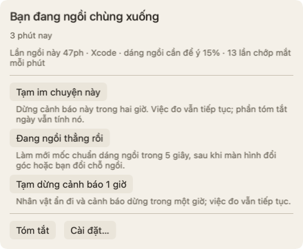 Bảng mở ra khi bạn đưa con trỏ lên nhân vật: tiêu đề Bạn đang ngồi chùng xuống, 3 phút nay, một dòng về lần ngồi này, và nút Tạm im chuyện này.